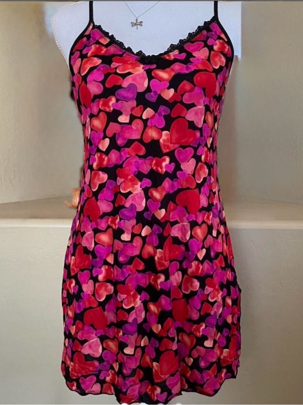 smart & sexy Y2K Vintage women's XXL Nightie Slip Dress Red/Pink Heart Pattern